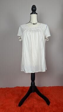 DUO Maternity White Cream Cotton Short Sleeve Lace Scoop Neck Shirt Blouse L